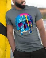 Neon Melt Skull Graphic Tee for Streetwear Style - model wearing grey tee, leaning on column