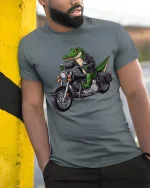 Cool Biker Alligator Motorcycle Graphic Tee - model wearing grey tee, leaning on column