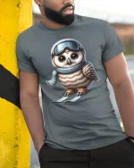 Funny Ski Owl Winter Sport Graphic Tee Unisex - model wearing grey tee, leaning on column