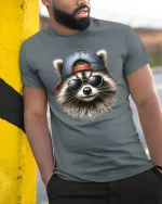 Cool Raccoon Sunglasses and Cap Graphic Tee Unisex - model wearing grey tee, leaning on column
