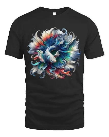 Colorful Betta Fish Art Tee With Flowing Abstract Motion - black t-shirt on white background