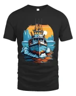 Vintage Harbor Boat Art Tee With Sunset City Ocean Vibes - black t-shirt on white background