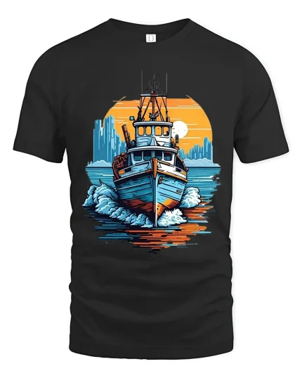 Vintage Harbor Boat Art Tee With Sunset City Ocean Vibes - black t-shirt on white background