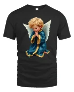 Praying Angel Child Art Tee With Peaceful Spiritual Feeling - black t-shirt on white background
