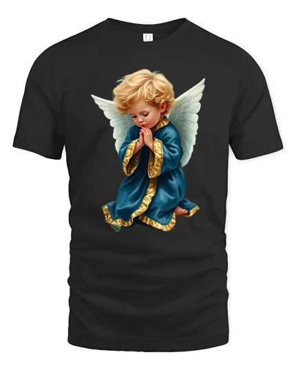 Praying Angel Child Art Tee With Peaceful Spiritual Feeling - black t-shirt on white background