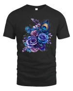 Elegant Peacock Feather Floral Art Tee With Royal Beauty - black t-shirt on white background