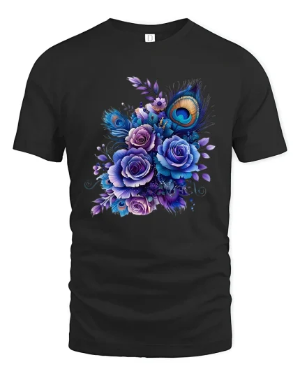 Elegant Peacock Feather Floral Art Tee With Royal Beauty - black t-shirt on white background