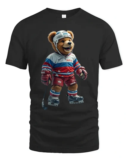 Funny Hockey Bear Graphic Tee With Playful Sports Style - black t-shirt on white background