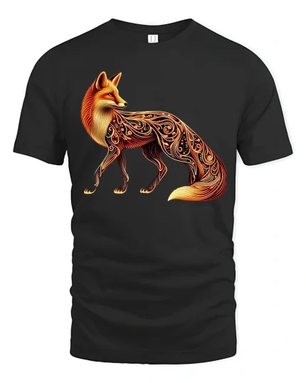 Elegant Fox Art Tee With Glowing Ornamental Pattern Design - black t-shirt on white background