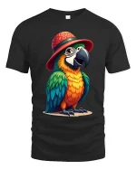 Funny Parrot Hat Art Tee With Colorful Tropical Personality - black t-shirt on white background
