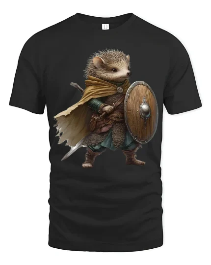 Brave Hedgehog Warrior Art Tee With Cute Fantasy Adventure - black t-shirt on white background