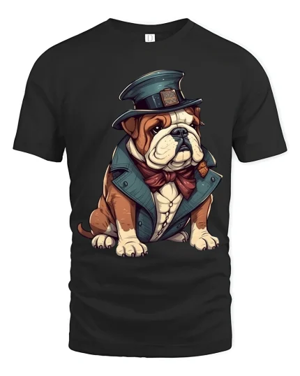 Funny Gentleman Bulldog Art Tee With Dapper Vintage Style - black t-shirt on white background