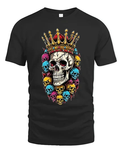 Royal Crown Skull Art Tee With Bold Colorful Rebel Style - black t-shirt on white background