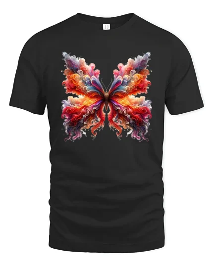 Colorful Butterfly Art Tee With Flowing Abstract Wing Design - black t-shirt on white background