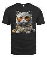 Funny Rich Cat Art Tee With Gold Chains And Cool Attitude - black t-shirt on white background