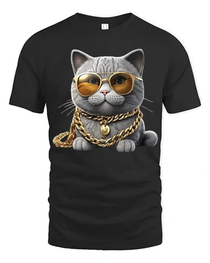 Funny Rich Cat Art Tee With Gold Chains And Cool Attitude - black t-shirt on white background