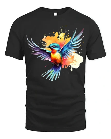 Colorful Flying Bird Art Tee With Splash Paint Energy - black t-shirt on white background