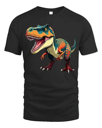 Fierce T Rex Dinosaur Art Tee With Bold Roaring Attitude - black t-shirt on white background