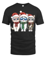 Cute Christmas Kittens Art Tee With Festive Holiday Smiles - black t-shirt on white background