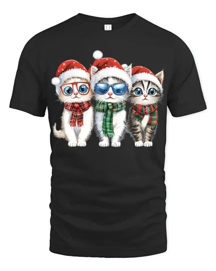 Cute Christmas Kittens Art Tee With Festive Holiday Smiles - black t-shirt on white background