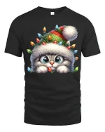 Cute Christmas Kitty Lights Tee With Cozy Holiday Magic - black t-shirt on white background