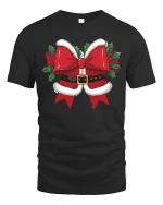 Funny Christmas Bow Graphic Tee With Santa Belt Style Design - black t-shirt on white background