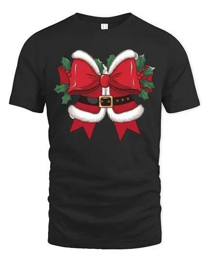 Funny Christmas Bow Graphic Tee With Santa Belt Style Design - black t-shirt on white background