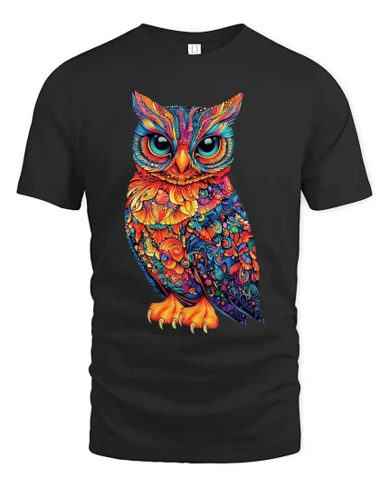 Colorful Owl Art Tee With Intricate Psychedelic Detail - black t-shirt on white background