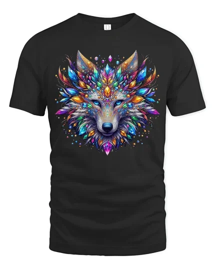 Colorful Crystal Wolf Art Tee With Majestic Fantasy Energy - black t-shirt on white background