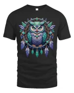 Mystic Owl Dreamcatcher Art Tee With Detailed Boho Fantasy - black t-shirt on white background