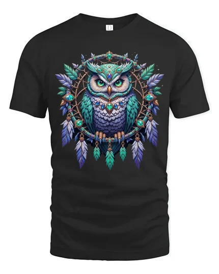 Mystic Owl Dreamcatcher Art Tee With Detailed Boho Fantasy - black t-shirt on white background