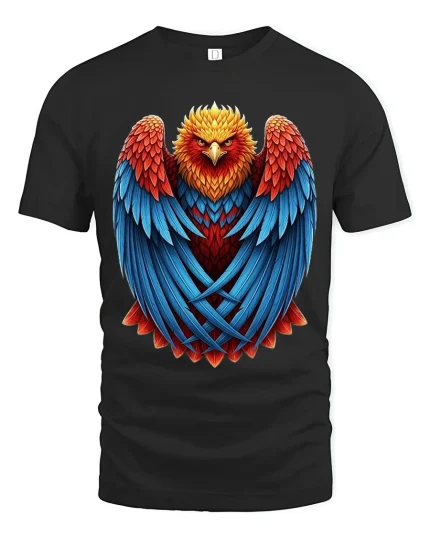 Majestic Fire Phoenix Art Tee With Bold Feather Power Style - black t-shirt on white background