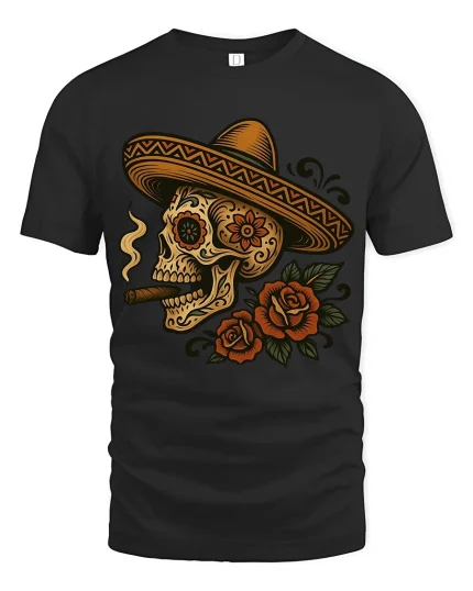 Sugar Skull Sombrero Art Tee With Bold Day Of The Dead Style - black t-shirt on white background