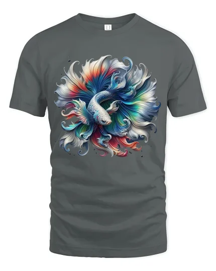 Colorful Betta Fish Art Tee With Flowing Abstract Motion - gray t-shirt on white background