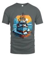 Vintage Harbor Boat Art Tee With Sunset City Ocean Vibes - gray t-shirt on white background