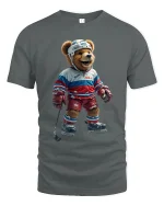 Funny Hockey Bear Graphic Tee With Playful Sports Style - gray t-shirt on white background