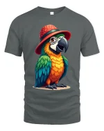 Funny Parrot Hat Art Tee With Colorful Tropical Personality - gray t-shirt on white background