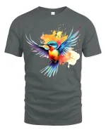 Colorful Flying Bird Art Tee With Splash Paint Energy - gray t-shirt on white background