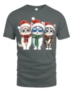 Cute Christmas Kittens Art Tee With Festive Holiday Smiles - gray t-shirt on white background