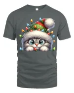 Cute Christmas Kitty Lights Tee With Cozy Holiday Magic - gray t-shirt on white background