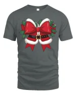 Funny Christmas Bow Graphic Tee With Santa Belt Style Design - gray t-shirt on white background