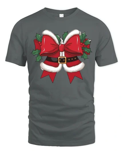 Funny Christmas Bow Graphic Tee With Santa Belt Style Design - gray t-shirt on white background