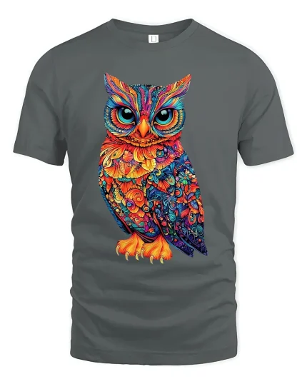 Colorful Owl Art Tee With Intricate Psychedelic Detail - gray t-shirt on white background