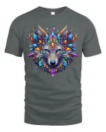 Colorful Crystal Wolf Art Tee With Majestic Fantasy Energy - gray t-shirt on white background