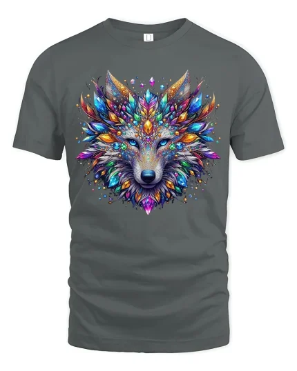 Colorful Crystal Wolf Art Tee With Majestic Fantasy Energy - gray t-shirt on white background