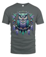 Mystic Owl Dreamcatcher Art Tee With Detailed Boho Fantasy - gray t-shirt on white background