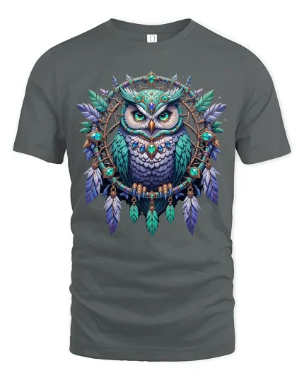 Mystic Owl Dreamcatcher Art Tee With Detailed Boho Fantasy - gray t-shirt on white background