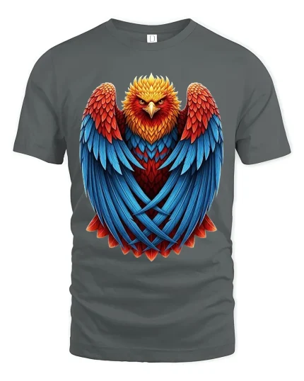 Majestic Fire Phoenix Art Tee With Bold Feather Power Style - gray t-shirt on white background
