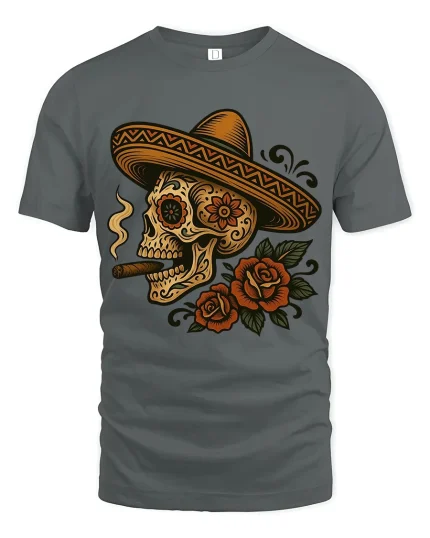 Sugar Skull Sombrero Art Tee With Bold Day Of The Dead Style - gray t-shirt on white background