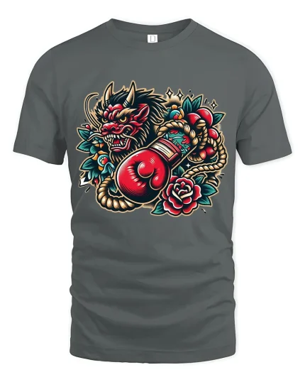 Fierce Wolf Boxing Art Tee With Bold Tattoo Style Energy - gray t-shirt on white background